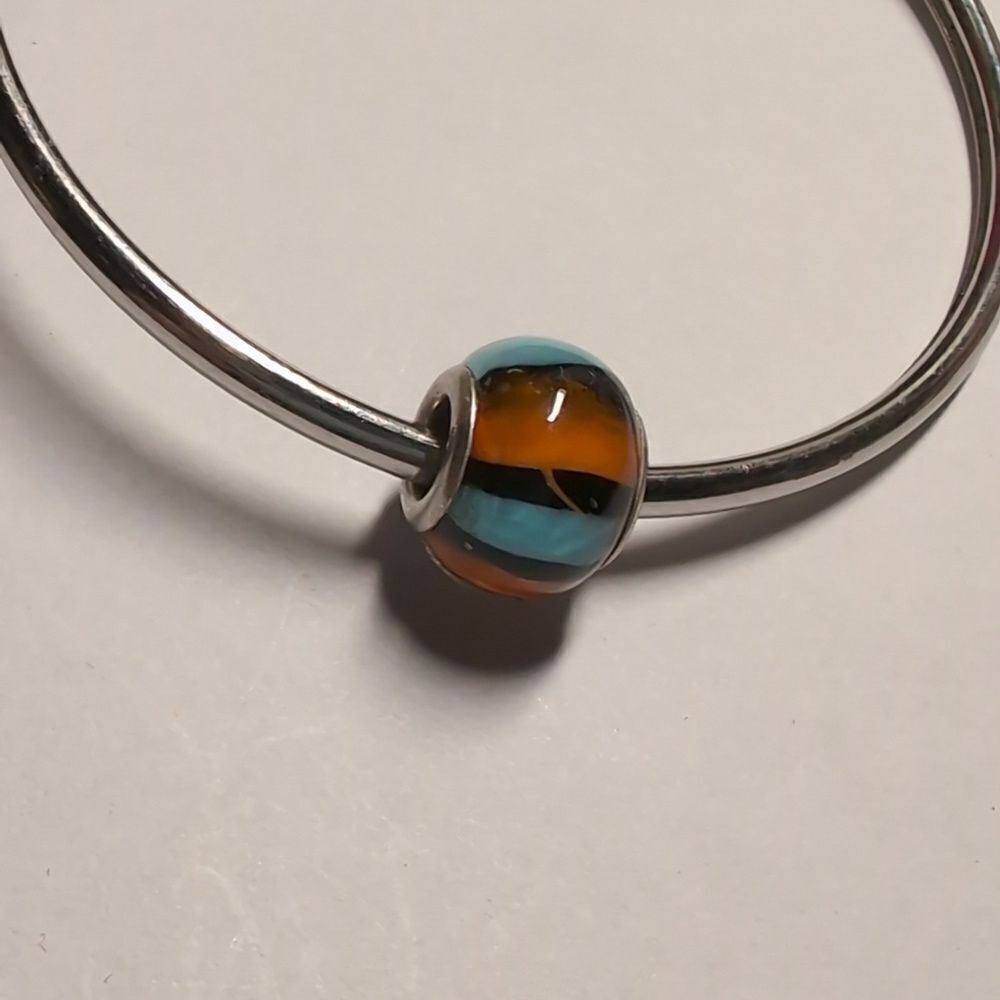 Silver Orange Black and Blue Striped Glass Charm for Pandora Style Bracelet